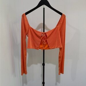 Orange Off-Shoulder Lace-Up Long Sleeve Crop Top